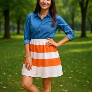 ECI Orange White Cream Color Block Full Gathered Above Knee Skirt Lined 14